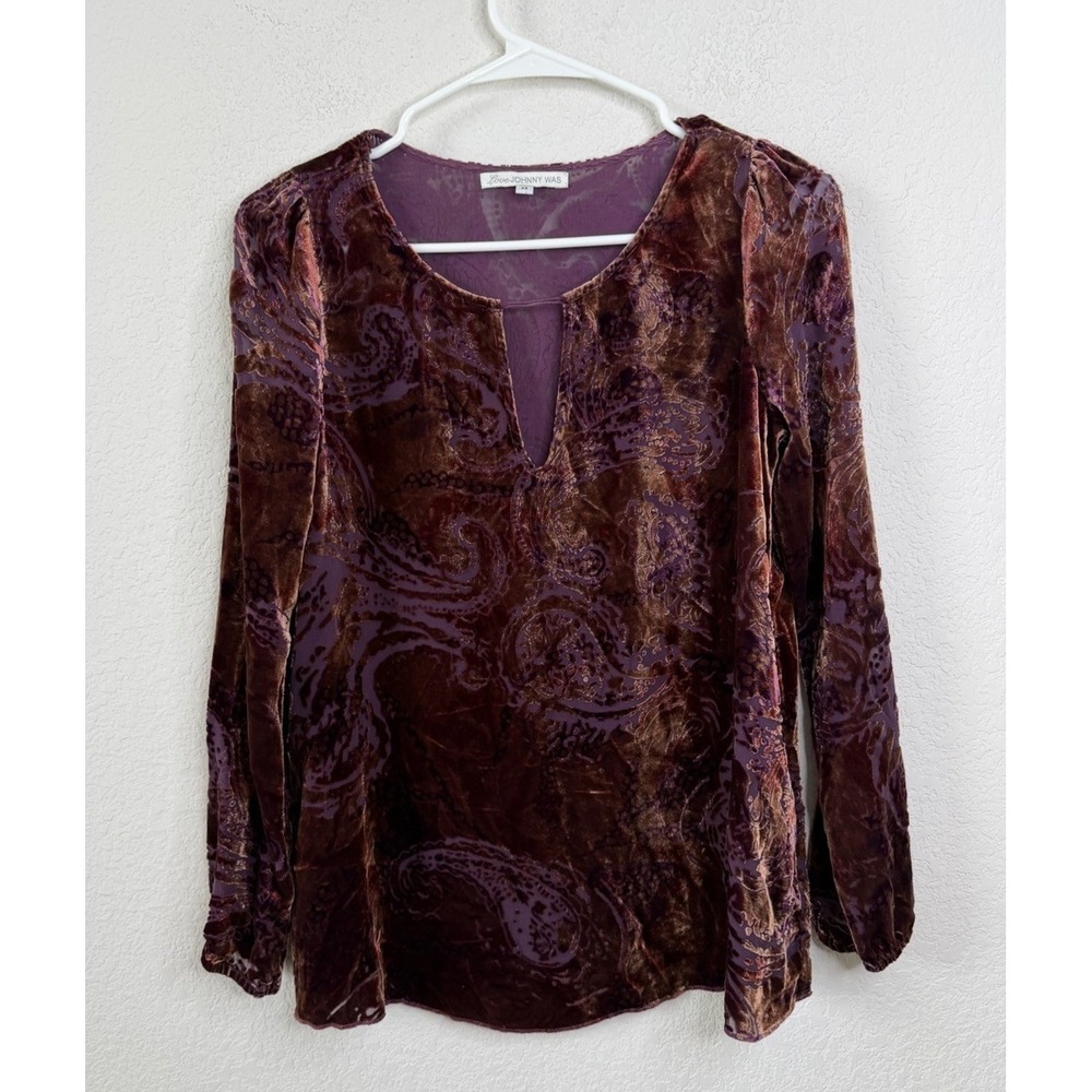 Johnny Was Velvet Burnout Silk Blend Top XS Brown Paisley Earthy Whimsical Boho